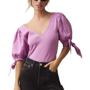 Maeve Anthropologie Puff-Sleeved Top Lilac Ribbed Knit V-neck Tie cuffs (L)